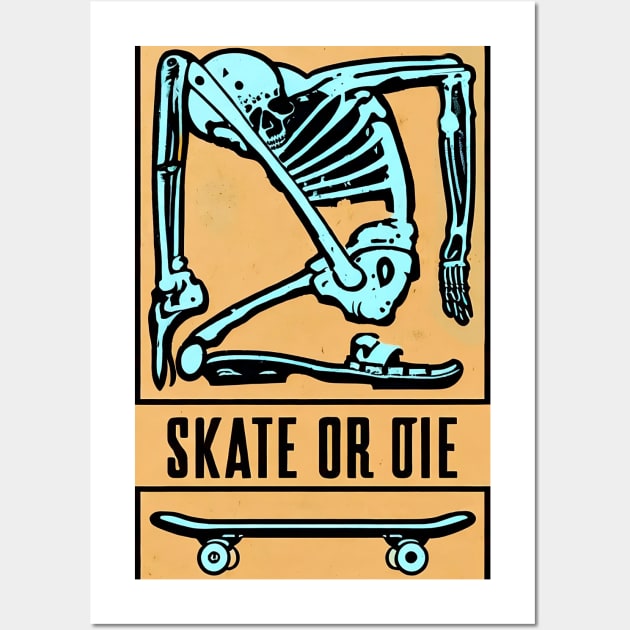 Skeleton Skate or Die (old orange bg) Wall Art by Monkey Business Bank